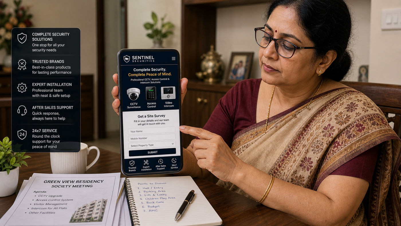 Sentinel Securities mobile app on phone — Complete Security solutions panel + Trusted Brands + Expert Installation + After-Sales Support + 24x7 Service + Get a Site Survey form — held by a society lady at her dining table, Green View Residency society meeting agenda notebook in front
