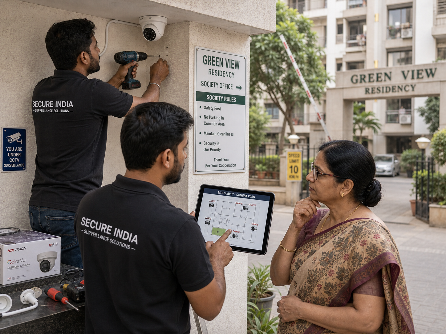 Sentinel Securities on-site survey at Green View Residency Society Noida — two technicians in branded jackets installing a dome CCTV camera at the gate, one drilling, one walking a lady resident through the camera-plan on iPad, society rules board and YOU ARE UNDER CCTV SURVEILLANCE sign on the gate
