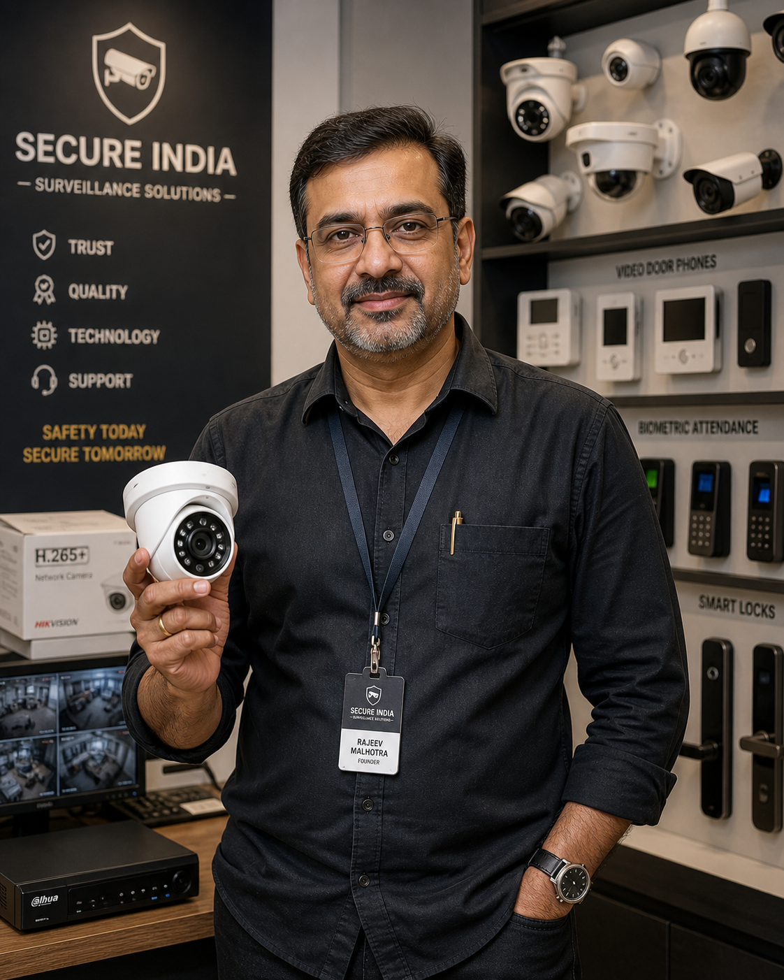 Sentinel Securities Nehru Place showroom — senior team lead in branded shirt holding a Hikvision dome camera, wall display of dome / bullet / PTZ cameras + video door phones + biometric attendance + smart locks behind, Trust Quality Technology Support brand banner